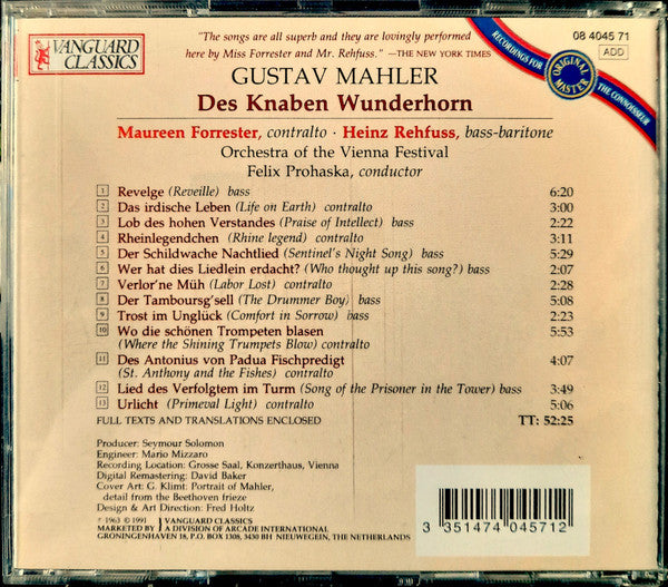 Gustav Mahler, Wiener Festspielorchester Conducted By Felix Prohaska : Songs From Des Knaben Wunderhorn (The Youth's Magic Horn) (CD)
