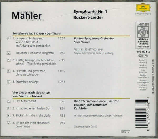 Gustav Mahler - Dietrich Fischer-Dieskau •  Berliner Philharmoniker •  Karl Böhm •  Boston Symphony Orchestra •  Seiji Ozawa : Symphonie Nr. 1 »Der Titan« / Rückert-Lieder (CD, Comp, RM)