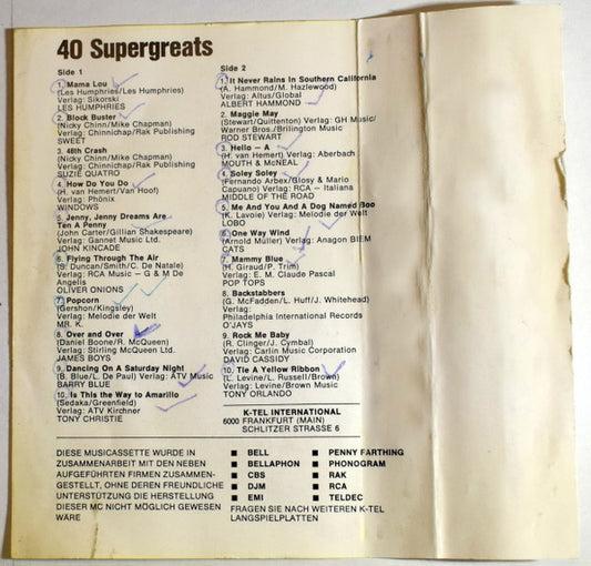 Various : K-Tel's 40 Super Greats (2xCass, Comp, Mono)