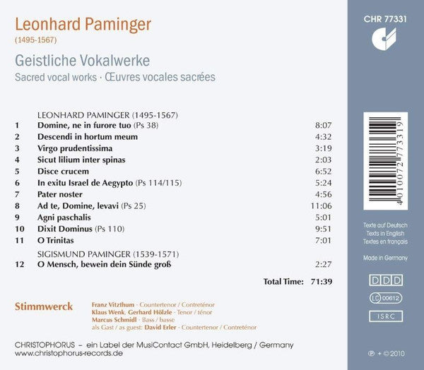 Leonhard Paminger  - Stimmwerck : Geistliche Vokalwerke [Sacred Vocal Works] (CD, Album)