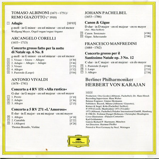 Tomaso Albinoni, Arcangelo Corelli, Antonio Vivaldi, Johann Pachelbel, Francesco Manfredini / Herbert Von Karajan & Berliner Philharmoniker : Adagio / Kanon & Gigue / Concerti Grossi / Concerti "Alla Rustica" & "L'Amoroso" (CD, Comp, RM)
