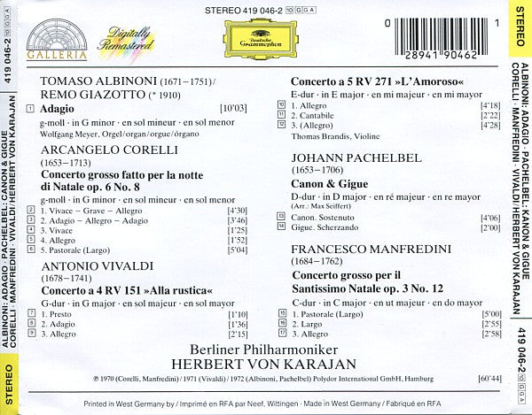 Tomaso Albinoni, Arcangelo Corelli, Antonio Vivaldi, Johann Pachelbel, Francesco Manfredini / Herbert Von Karajan & Berliner Philharmoniker : Adagio / Kanon & Gigue / Concerti Grossi / Concerti "Alla Rustica" & "L'Amoroso" (CD, Comp, RM)