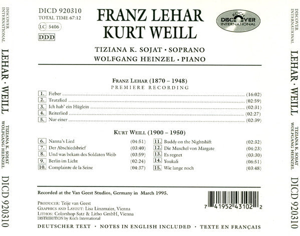 Franz Lehár, Kurt Weill, Tiziana Sojat, Wolfgang Heinzel : Songs By Lehar & Weill (CD, Album)