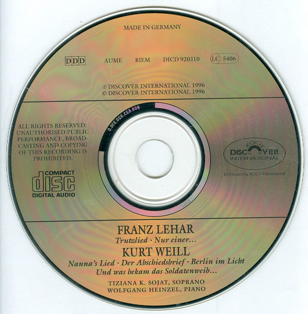 Franz Lehár, Kurt Weill, Tiziana Sojat, Wolfgang Heinzel : Songs By Lehar & Weill (CD, Album)