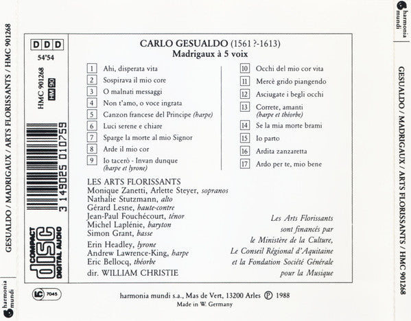 Carlo Gesualdo - Les Arts Florissants, William Christie : Madrigaux (CD, Album, RP)