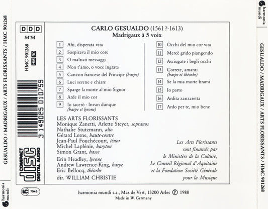 Carlo Gesualdo - Les Arts Florissants, William Christie : Madrigaux (CD, Album, RP)