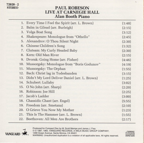 Paul Robeson : Live At Carnegie Hall (CD, Album, RE)