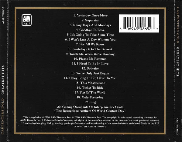 Carpenters : Carpenters Gold (Greatest Hits) (CD, Comp, RE)