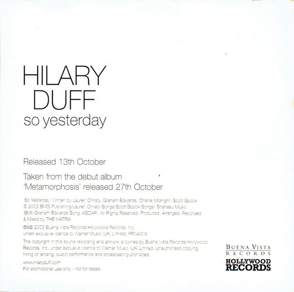 Hilary Duff : So Yesterday (CD, Single, Promo)