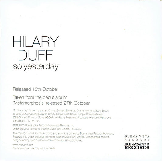 Hilary Duff : So Yesterday (CD, Single, Promo)