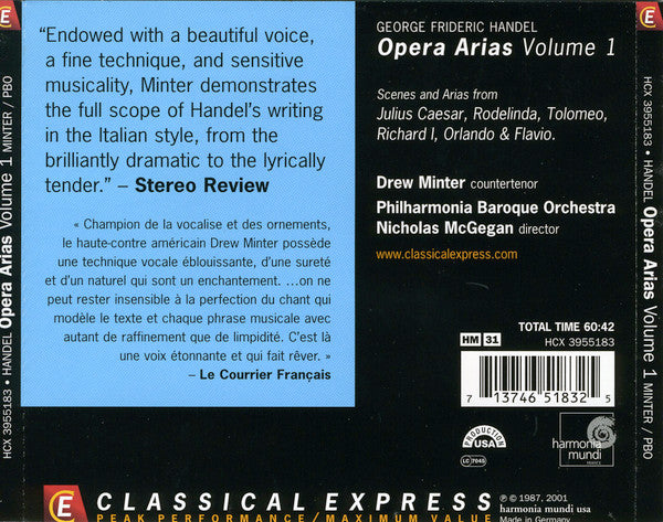 Georg Friedrich Händel - Nicholas McGegan, Philharmonia Baroque Orchestra, Drew Minter : Opera Arias Volume 1 - Arias For Senesino (CD, Album, RE)