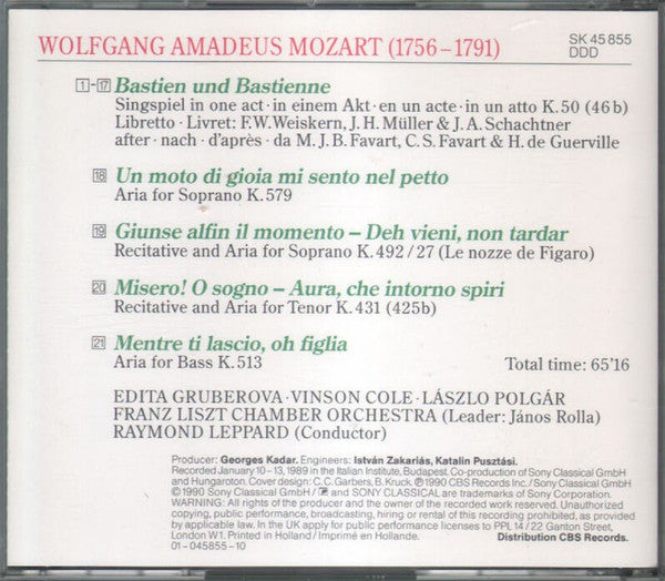 Wolfgang Amadeus Mozart, Edita Gruberova, Vinson Cole, László Polgár, Liszt Ferenc Chamber Orchestra, Raymond Leppard : Bastien & Bastienne (CD, Album)