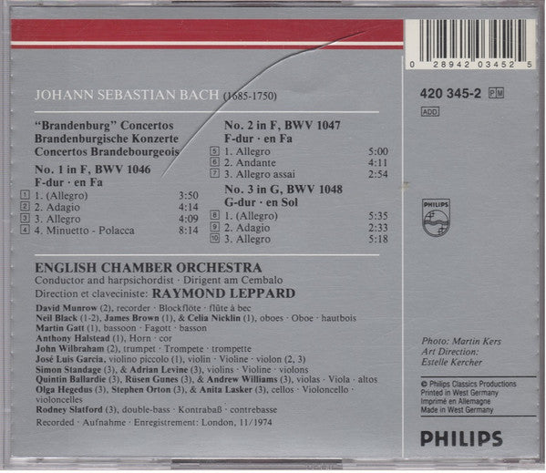 Johann Sebastian Bach - English Chamber Orchestra, Raymond Leppard : The "Brandenburg" Concertos Nos. 1, 2 & 3 (CD, Album, RE, RM)