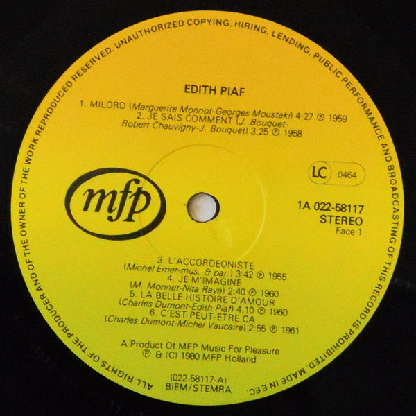 Edith Piaf : Edith Piaf (LP, Comp)