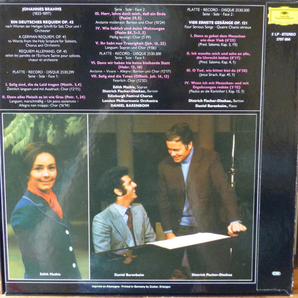 Johannes Brahms - Edith Mathis · Dietrich Fischer-Dieskau · Edinburgh Festival Chorus · London Philharmonic Orchestra · Daniel Barenboim : Ein Deutsches Requiem = A German Requiem / Vier Ernste Gesänge = Four Serious Songs (2xLP + Box)