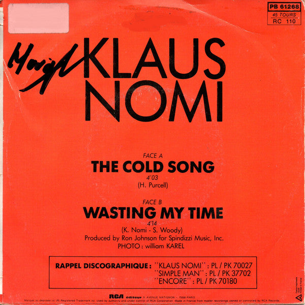 Klaus Nomi : Cold Song - Bande Originale Du Film A Nos Amours (7", Single)