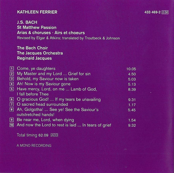 Kathleen Ferrier, Johann Sebastian Bach : St. Matthew Passion - Arias & Choruses = Arias Et Choeurs (CD, Album, Mono, RM)