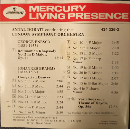 George Enescu, Johannes Brahms, Antal Dorati, London Symphony Orchestra : Dorati Conducts Brahms And Enesco (CD, Comp)