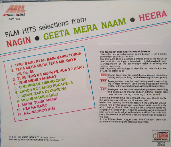 Laxmikant-Pyarelal, Kalyanji-Anandji : Film Hits Selection From Nagin - Geeta Mera Naam - Heera (CD, Comp)