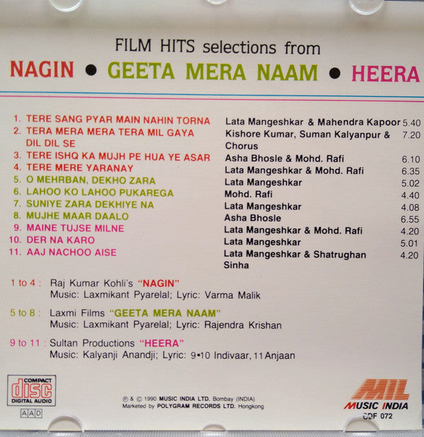 Laxmikant-Pyarelal, Kalyanji-Anandji : Film Hits Selection From Nagin - Geeta Mera Naam - Heera (CD, Comp)