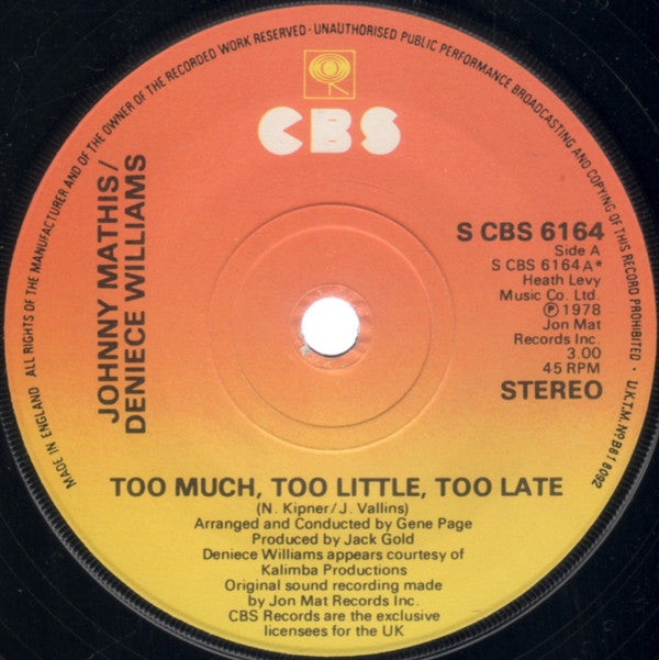 Johnny Mathis / Deniece Williams : Too Much, Too Little, Too Late (7", Lab)