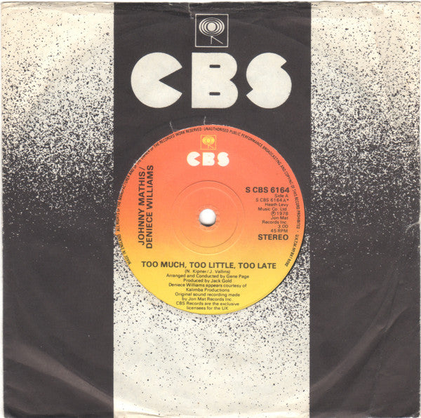 Johnny Mathis / Deniece Williams : Too Much, Too Little, Too Late (7", Lab)