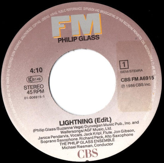 Philip Glass : Lightning (Edit) (7", Single)