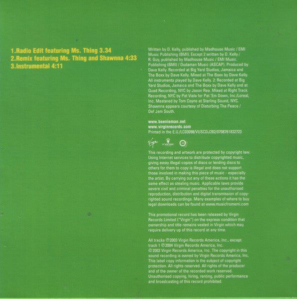 Beenie Man : Dude (CD, Single, Promo, Car)