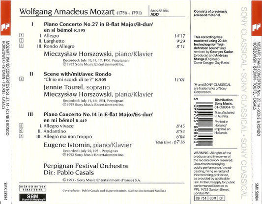 Wolfgang Amadeus Mozart - Pablo Casals, Mieczyslaw Horszowski, Jennie Tourel, Eugene Istomin, Perpignan Festival Orchestra : Piano Concerto No. 27 K.595 / Scene & Rondo K. 505 / Piano Concerto No. 14 K. 449 (CD)