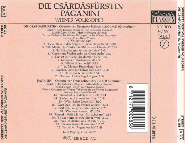 Solisten Der Wiener Volksoper, Franz Lehár, Emmerich Kálmán : Operette Festival 1. Die Csárdasfürstin / Paganini (CD, Comp)