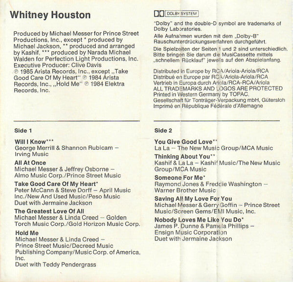 Whitney Houston : Whitney Houston (Cass, Album)