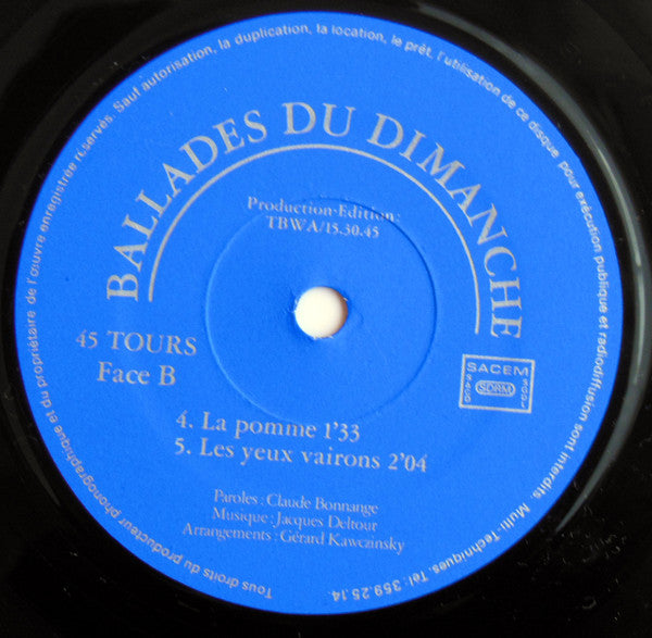 Claude Bonnange, Jacques Deltour : Ballades Du Dimanche (7", EP)