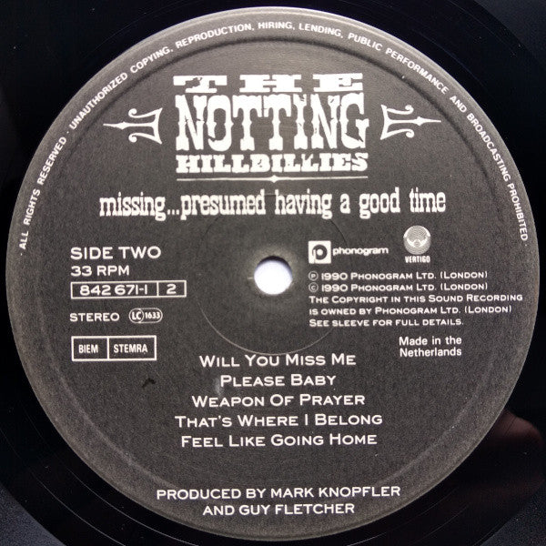 The Notting Hillbillies : Missing...Presumed Having A Good Time (LP, Album, M/Print)