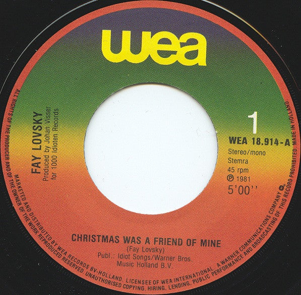 Fay Lovsky : Christmas Was A Friend Of Mine (7", Single)