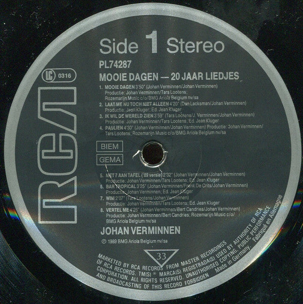 Johan Verminnen : Mooie Dagen (20 Jaar Liedjes) (LP, Comp)