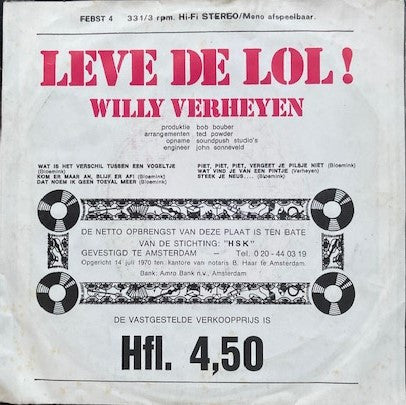 Willy Verheyen : Leve De Lol (7", EP, ora)