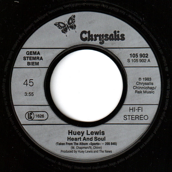 Huey Lewis & The News : Heart And Soul (7", Single)