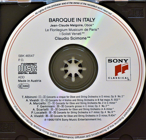 Tomaso Albinoni · Alessandro Marcello · Francesco Geminiani · Alessandro Scarlatti · Pietro Antonio Locatelli · Antonio Vivaldi - Jean-Claude Malgoire · Florilegium Musicum De Paris · I Solisti Veneti · Claudio Scimone : Baroque In Italy (CD, Comp)