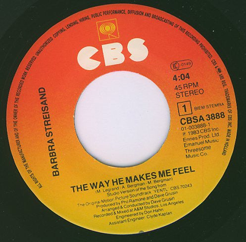 Barbra Streisand : The Way He Makes Me Feel (7", Single)