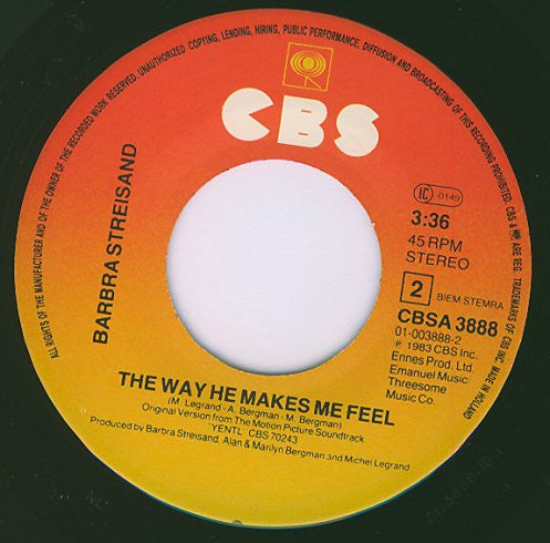 Barbra Streisand : The Way He Makes Me Feel (7", Single)