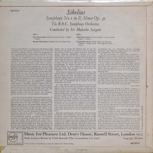 Jean Sibelius - Sir Malcolm Sargent / BBC Symphony Orchestra : Symphony No. 1 In E Minor Op. 39 (LP)