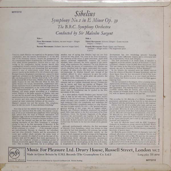 Jean Sibelius - Sir Malcolm Sargent / BBC Symphony Orchestra : Symphony No. 1 In E Minor Op. 39 (LP)