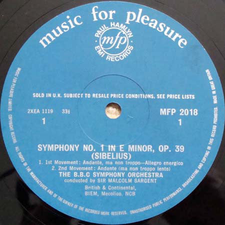 Jean Sibelius - Sir Malcolm Sargent / BBC Symphony Orchestra : Symphony No. 1 In E Minor Op. 39 (LP)
