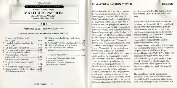 Johann Sebastian Bach : Famous Chorals From St. Matthew Passion (CD, Album, RE)