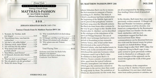 Johann Sebastian Bach : Famous Chorals From St. Matthew Passion (CD, Album, RE)