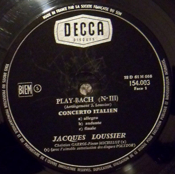 Jacques Loussier, Christian Garros, Pierre Michelot : Play Bach 3 (LP, Mono)