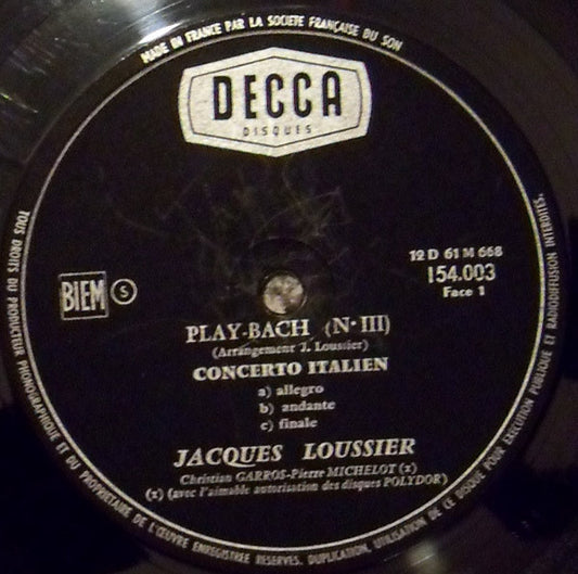 Jacques Loussier, Christian Garros, Pierre Michelot : Play Bach 3 (LP, Mono)