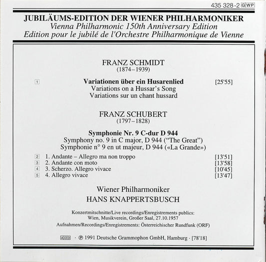 Wiener Philharmoniker, Hans Knappertsbusch – 1957 – Franz Schubert / Franz Schmidt : Symphonie No. 9 / Husarenlied-Variationen (CD, Comp, Mono, RM)