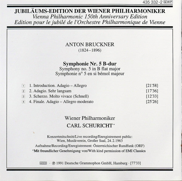 Wiener Philharmoniker, Carl Schuricht, Anton Bruckner : Symphonie No. 5 (1963) (CD, Mono, RM)