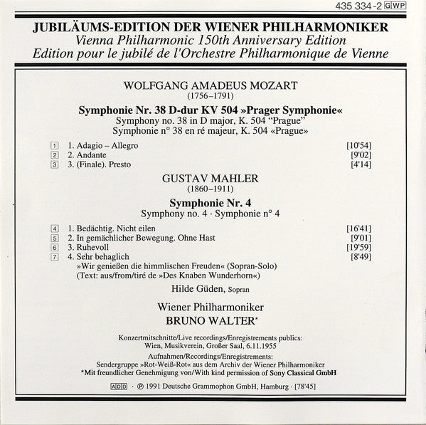 Wiener Philharmoniker, Bruno Walter – 1955 – Wolfgang Amadeus Mozart / Gustav Mahler : Symphonie No. 38 »Prager« / Symphonie No. 4 (CD, Comp, Mono, RM)